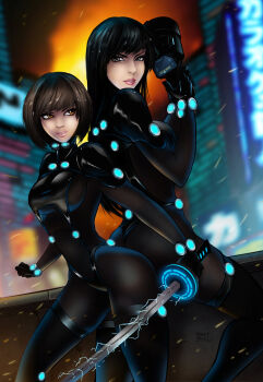 2girls black_bodysuit black_hair bodysuit breasts brown_eyes brown_hair building electricity esteban gantz highres holding holding_sword holding_weapon katana large_breasts latex latex_bodysuit lips long_hair looking_at_viewer medium_hair multiple_girls original outdoors parted_lips pink_lips shimohira_reika simple_background skin_tight standing sword teeth weapon yamasaki_anzu