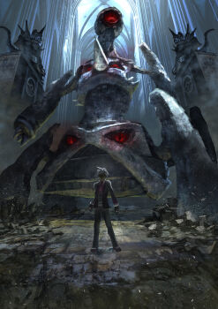 1boy beldum claws emuson epic gen_1_pokemon gen_3_pokemon glowing glowing_eyes highres looking_at_viewer mecha metagross metang nidoking nintendo pokemon pokemon_(creature) red_eyes robot silver_hair spikes steven_stone