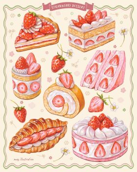 bread cake commentary_request dessert flower food food_focus fruit fruit_tart highres icing may_illust5 no_humans original sandwich strawberry strawberry_shortcake strawberry_slice strawberry_tart swiss_roll tart_(food) white_flower