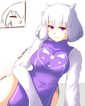 1girl absurdres arm_support artist_name blood bob_cut breasts character_name closed_eyes copyright_name dress fang frisk_(undertale) heart highres horns humanization nosebleed panties purple_dress purple_eyes short_hair side-tie_panties side_slit signature smile thumbs_up toriel tsurime turtleneck undertale underwear utdr_(toby_fox) white_hair white_sleeves z666ful
