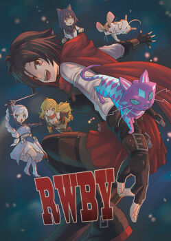 :d :o animal_ears animal_on_arm black_footwear black_gloves black_hair blake_belladonna blonde_hair blue_eyes blue_gloves braid buckle cape cat cat_ears cat_girl clenched_hands commentary_request copyright_name curious_cat_(rwby) elbow_gloves eyelashes fingerless_gloves gloves holding holding_sword holding_weapon jacket little_(rwby) long_hair mechanical_arms moai_(moai_world) mouse_(animal) myrtenaster ok_sign open_mouth orange_scarf prosthesis prosthetic_arm rapier red_cape red_eyes red_skirt ruby_rose rwby scarf short_hair single_braid single_mechanical_arm skirt smile sword teeth upper_teeth_only v-shaped_eyebrows weapon weiss_schnee white_hair white_jacket yang_xiao_long