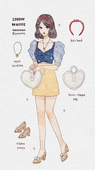1girl alternate_costume animification black_hair bow contemporary hair_bow holding looking_at_viewer peilu_(pslu0423) puffy_short_sleeves puffy_sleeves short_hair short_sleeves snow_white_(disney) snow_white_and_the_seven_dwarfs_(disney) solo