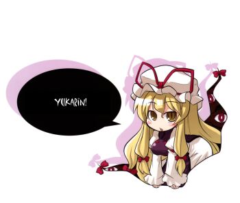 1girl :o akaneya blonde_hair blush breasts character_name chibi female_focus gap_(touhou) hair_ribbon hat long_hair looking_at_viewer ribbon shadow simple_background slit_pupils solo speech_bubble third-party_edit touhou very_long_hair white_background yakumo_yukari yellow_eyes