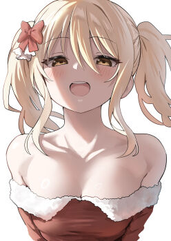 1girl absurdres bare_shoulders blonde_hair bow breasts christmas cleavage collarbone commentary_request hair_between_eyes hair_bow highres looking_at_viewer love_live! love_live!_nijigasaki_high_school_idol_club medium_breasts miyashita_ai open_mouth red_bow simple_background solo upper_body white_background yellow_eyes yuu_(shampoohatslime)
