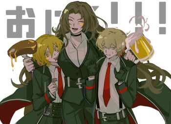 1boy 2girls alcohol beer beer_mug black_gloves black_suit blonde_hair brown_hair closed_eyes collared_shirt cowboy_shot cup don_quixote_(project_moon) food formal_clothes fushimi_arata gloves height_difference highres id_card limbus_company long_hair mug multiple_girls open_mouth project_moon rodion_(project_moon) shirt short_hair simple_background sinclair_(project_moon) steak suit sweat white_shirt yellow_eyes