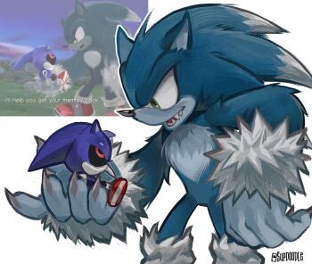 9474s0ul artist_request blue_fur blue_hair bootleg_metal_sonic_plush carrying carrying_person claws fang fangs game_mod game_modding game_screenshot_inset green_eyes highres metal_sonic monster robot sega socks sonic_(series) sonic_the_hedgehog sonic_the_werehog sonic_unleashed stuffed_toy transformation werewolf