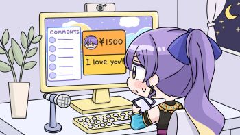 1girl :o black_shirt blonde_hair blue_bow blue_sleeves blush_stickers bow cellphone chair chibi commentary_request computer_keyboard crescent detached_sleeves earrings english_text hair_between_eyes hair_bow highres holding holding_phone hololive hololive_indonesia indoors jewelry long_sleeves microphone mochimiko monitor moona_hoshinova multicolored_hair night night_sky on_chair parted_lips phone ponytail puffy_long_sleeves puffy_sleeves purple_eyes purple_hair shirt sky sleeveless sleeveless_shirt solo super_chat two-tone_hair virtual_youtuber window