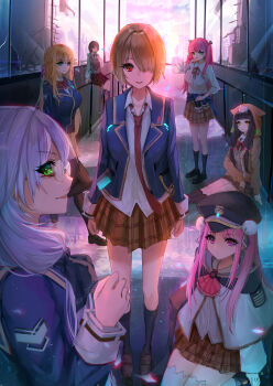 6+girls absurdres aikawa_megumi aoi_erika asakura_karen_(heaven_burns_red) black_hair braid bridge brown_hair commentary_request covering_own_ears glasses green_eyes grey_hair heaven_burns_red highres izumi_yuki_(heaven_burns_red) jacket kayamori_ruka kunimi_tama long_hair looking_at_viewer mochimochi_dando multiple_girls necktie pink_hair rain red_eyes ruins sailor school_uniform speaker toujou_tsukasa unworn_jacket window