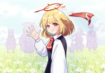 1boy 4girls ascot blonde_hair blue_sky closed_mouth commentary english_commentary ex-rumia fang field flower flower_field hakurei_reimu halo highres kirisame_marisa long_sleeves looking_at_viewer morichika_rinnosuke multiple_girls outdoors reaching reaching_towards_viewer red_ascot red_eyes rion_(user_ufvg8527) rumia short_hair sky slit_pupils solo_focus touhou white_flower yakumo_yukari