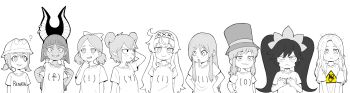 6+girls a_hat_in_time aged_down anubia_(potionomics) arm_up arms_up ashley_(warioware) awkward_smile beebz_(demon_turf) carol_(onirism) confused demon_turf diana_(pragmata) embarrassed flat_chest flat_chest_grab frogun_(series) hand_on_own_head hat_kid highres jas_(stardew_valley) lineup little_witch_nobeta looking_at_another looking_at_viewer looking_to_the_side multiple_girls nintendo nobeta olivaoil onirism potionomics pragmata print_shirt renata_(frogun) scratching_head sexually_suggestive shirt smile smirk smug stardew_valley straight-on upper_body warioware