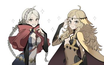 Rule 34 | 2girls, absurdres, ahoge, blonde hair, blue eyes, braid, breasts, bridal gauntlets, capelet, circlet, commission, commissioner upload, dr metagross, fire emblem, fire emblem fates, gold cape, grey eyes, harness, highres, hood, hooded capelet, long hair, looking at viewer, low twin braids, medium breasts, multiple girls, nina (fire emblem), nintendo, non-web source, o-ring, o-ring harness, ophelia (fire emblem), parted bangs, red hood, twin braids