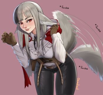 1girl animal_ears black_hair breasts demdeet fire_emblem fire_emblem_fates grey_hair looking_at_viewer medium_breasts nintendo pants red_eyes tail tail_wagging thick_thighs thighs tight_clothes tight_pants velouria_(fire_emblem) wolf_ears wolf_girl wolf_tail