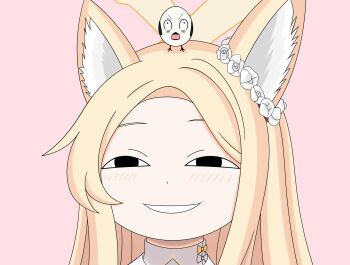 1girl animal animal_ear_fluff animal_ears animal_on_head anya's_heh_face_(meme) bird bird_on_head black_eyes blonde_hair blue_archive blush commentary_request eyebrows_hidden_by_hair flower_wreath forehead fox_ears fox_girl halo head_wreath highres long_hair looking_at_viewer meme on_head parted_bangs parted_lips pink_background playable_character_celebration portrait seia_(blue_archive) simple_background smile solo spy_x_family tanezaki_atsumi user_zhwd4373 voice_actor_connection yellow_halo
