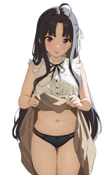 1girl :p ahoge awa_subaru black_hair black_panties brown_skirt clothes_lift commentary_request cowboy_shot girls_band_cry highres hopeful_wharf long_hair panties purple_eyes shirt simple_background skirt skirt_lift tongue tongue_out underwear white_background white_shirt