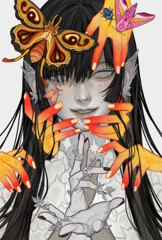 Rule 34 | 1girl, black hair, black nails, bright pupils, commentary, ear covers, grin, highres, insect on face, jewelry, kangcono, long hair, multiple moles, multiple rings, original, pale skin, parted lips, ring, silver ring, simple background, smile, solo, untranslatable commentary, white background, white eyes, white pupils