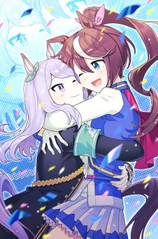 Rule 34 | 2girls, ;), ;d, absurdres, animal ears, armband, black coat, blue eyes, blue shirt, bow, brown hair, closed mouth, coat, confetti, ear bow, gloves, green armband, green bow, habsida (habsida hpy), hair bow, highres, horse ears, horse girl, horse tail, hug, long hair, long sleeves, mejiro mcqueen (frontline elegance) (umamusume), mejiro mcqueen (umamusume), multicolored hair, multiple girls, one eye closed, open mouth, pink bow, pleated skirt, ponytail, purple eyes, purple hair, shirt, skirt, smile, streaked hair, tail, tokai teio (peak joy) (umamusume), tokai teio (umamusume), umamusume, white gloves, white hair, white shirt, white skirt, yuri