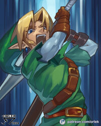 Rule 34 | 1boy, absurdres, artist logo, artist name, belt, blonde hair, blue eyes, brown belt, brown gloves, dated, earrings, gloves, green hat, green tunic, hat, highres, holding, holding sword, holding weapon, jewelry, layered sleeves, link, long sleeves, looking at viewer, nintendo, open mouth, orlek, over shoulder, patreon logo, patreon username, pointy ears, pointy hat, shirt, short hair, short over long sleeves, short sleeves, shoulder belt, solo, sword, teeth, the legend of zelda, the legend of zelda: ocarina of time, upper body, upper teeth only, watermark, weapon, weapon over shoulder, web address, white shirt