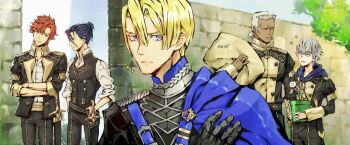5boys ashe_ubert blonde_hair blue_eyes blue_hair commentary_request crossed_arms dark-skinned_male dark_skin dedue_molinaro dimitri_alexandre_blaiddyd felix_hugo_fraldarius fire_emblem fire_emblem:_three_houses flower_pot grey_hair highres holding holding_flower_pot hood hood_down male_focus multiple_boys nintendo orange_hair outdoors short_hair sumuco sylvain_jose_gautier twitter_username
