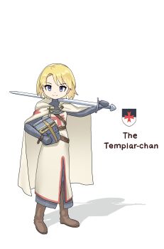 Rule 34 | 1girl, armor, belt, blonde hair, blue eyes, boots, brown belt, chainmail, character name, closed mouth, coat of arms, cross, english text, full body, hauberk, highres, holding, holding sword, holding weapon, invisible floor, knee boots, knights templar, leochan1202, looking at viewer, medieval, original, outstretched arm, plate armor, red cross, shadow, short hair, simple background, smile, soldier, solo, standing, surcoat, sword, weapon, white background, white mantle