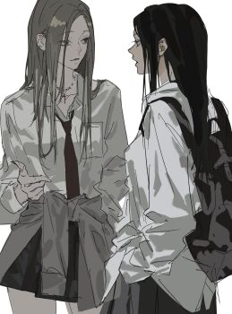 0k_sic 2girls backpack bag black_bag black_hair black_necktie black_skirt breast_pocket brown_eyes brown_hair brown_jacket clothes_around_waist collared_shirt cowboy_shot cross cross_necklace from_side hands_in_pockets highres jacket jacket_around_waist jewelry jitome long_sleeves looking_at_another medium_hair miniskirt multiple_girls necklace necktie open_mouth original parted_bangs pocket pointing profile school_uniform shirt simple_background sketch skirt straight_hair talking thighs white_background white_shirt