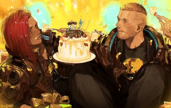 1boy 1girl asymmetrical_hair blonde_hair box brown_jacket cake cyberpunk cyberpunk_(series) cyberpunk_2077 food food_on_face fork gift gift_box holding holding_fork jacket l1m3candy open_clothes open_jacket red_hair short_hair sidecut undercut v_(cyberpunk) valerie_(cyberpunk) vincent_(cyberpunk)