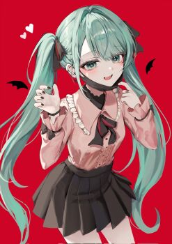 1girl aqua_hair black_mask black_nails black_ribbon black_skirt blush bow collared_shirt cowboy_shot detached_wings ear_piercing fang frilled_shirt_collar frills green_eyes green_hair hair_ribbon hatsune_miku heart highres jewelry jirai_kei long_hair long_sleeves looking_at_viewer mask mask_pull mouth_mask nail_polish open_mouth piercing pink_shirt pleated_skirt red_background ribbon s_im7u shirt simple_background skirt smile solo twintails vampire vampire_(vocaloid) very_long_hair vocaloid wings