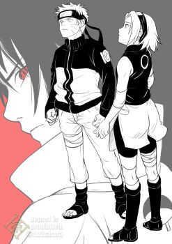 Rule 34 | 1girl, 2boys, bike shorts, boots, chara no7, commentary request, facial mark, forehead mark, forehead protector, frown, greyscale with colored background, hairband, haruno sakura, headband, highres, jacket, knee boots, multiple boys, naruto (series), naruto shippuuden, open-toe boots, pants, red eyes, serious, sharingan, spot color, twitter username, uchiha sasuke, uzumaki naruto, watermark