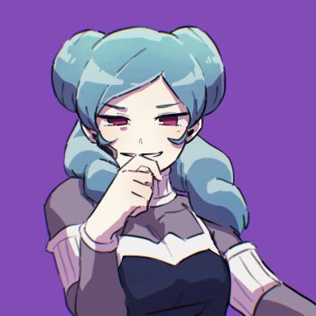 1girl aqua_hair beta_(inazuma_eleven) bodysuit breasts commentary double_bun evil_grin evil_smile grey_bodysuit grin hair_bun hand_to_own_mouth highres inazuma_eleven_(series) inazuma_eleven_go inazuma_eleven_go_chrono_stone long_hair looking_at_viewer medium_breasts purple_background purple_eyes smile solo tsuruta_(kmtrt_40)