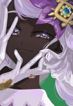 1girl akekaede824 bow dark-skinned_female dark_skin fascinator glove_bow gloves gold_ring green_background green_pupils hair_ornament hands_on_own_face hands_up heart heart_in_eye highres jacinthe_(pokemon) long_hair looking_at_viewer mega_stone nintendo pokemon pokemon_legends:_z-a portrait purple_eyes purple_hair smile solo symbol_in_eye very_dark_skin white_gloves yellow_bow