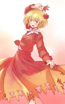 1girl :d aki_shizuha arm_up blonde_hair blush breast_pocket commentary_request feet_out_of_frame from_side hair_ornament holding holding_leaf leaf leaf_hair_ornament long_sleeves looking_back one-hour_drawing_challenge open_mouth orange_background orange_eyes pocket rangycrow red_shirt red_skirt shirt sideways_glance skirt skirt_hold smile solo touhou white_shirt