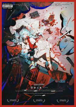 Rule 34 | 1girl, absurdres, blue eyes, blue hair, book, border, character doll, commission, doll, dress, elbow gloves, eteru, flower, full body, gloves, hair intakes, highres, knife, long hair, looking at viewer, mihuashi commission, original, plate, puffy short sleeves, puffy sleeves, red border, red flower, red gloves, red pupils, red ribbon, ribbon, self-harm, self-harm scar, short sleeves, sidelocks, solo, stuffed toy, watermark