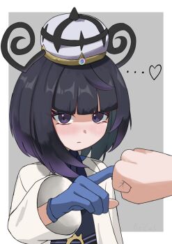 ... 1girl 1other arcat_m artist_name black_dress black_hair blue_gloves blunt_bangs blush bob_cut border clenched_hand closed_mouth coat dress gloves gradient_hair gwynn_(pokemon) hat heart highres light_frown looking_at_viewer mega_stone multicolored_hair nintendo open_clothes open_coat outside_border partially_fingerless_gloves pokemon pokemon_legends:_z-a purple_eyes purple_hair short_hair solo_focus upper_body white_border white_coat