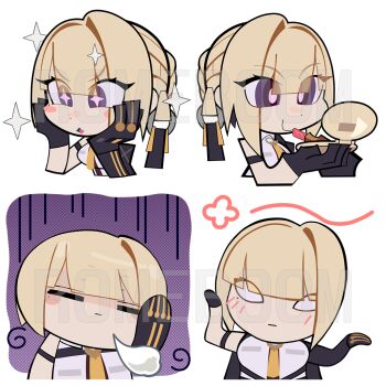 arm_strap blonde_hair chest_harness chibi chibi_only emoji evelyn_chevalier gloves half_gloves harness necktie romeboom yellow_necktie zenless_zone_zero