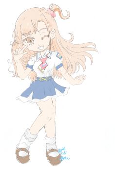 Rule 34 | absurdres, adversarial noise, ahoge, ayukyochi, blue skirt, commentary request, highres, ikizulive! love live! bluebird, long hair, love live!, mary janes, neckerchief, one eye closed, orange eyes, orange hair, pink neckerchief, pleated skirt, puffy short sleeves, puffy sleeves, shirt, shoes, short sleeves, skirt, smile, socks, takahashi polka, white shirt, white socks