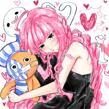 Rule 34 | 1girl, bat tattoo, black dress, black eyes, blunt bangs, blush, braid, commentary, dress, ghost, highres, holding, holding stuffed toy, kumacy, long hair, looking at viewer, mask, mouth mask, one piece, perona, pink hair, salmonnnn353372, stuffed animal, stuffed toy, tattoo