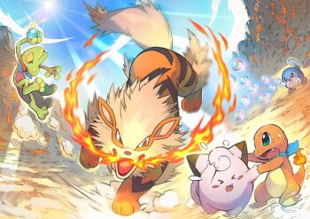 Rule 34 | arcanine, blue sky, bubble beam (pokemon), charmander, clefairy, closed eyes, fire, gen 1 pokemon, gen 3 pokemon, jumping, nintendo, no humans, official art, open mouth, outdoors, pokemon, pokemon (creature), pokemon mystery dungeon, pokemon mystery dungeon: rescue team dx, poliwag, sky, treecko