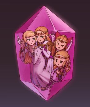 &gt;_&lt; 4girls armor blonde_hair blue_eyes bow bracelet chibi circlet crowded crystal dress elbow_gloves gloves hair_bow hair_pulled_back highres in-franchise_crossover jewelry multiple_girls multiple_persona nintendo otya_kan pointy_ears ponytail princess_zelda sandals shoulder_armor the_legend_of_zelda the_legend_of_zelda:_echoes_of_wisdom the_legend_of_zelda:_four_swords the_legend_of_zelda:_ocarina_of_time the_legend_of_zelda:_skyward_sword white_dress