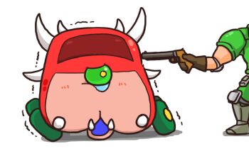 1boy cacodemon commentary doom_(series) doomguy fangs gun horns kurashiki_nanka monster one-eyed parody pui_pui_molcar shotgun trembling weapon white_background