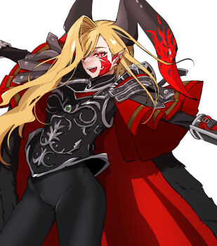 1girl armor black_pantyhose blonde_hair breastplate cape citron80citron commentary_request cowboy_shot dragon_horns dutch_angle fate/grand_order fate_(series) fur_cape hip_bones horns long_hair nero_claudius_(fate) open_mouth outstretched_arms pantyhose parted_bangs pauldrons pointy_ears queen_draco_(fate) queen_draco_(third_ascension)_(fate) red_eyes red_scarf scarf shoulder_armor simple_background solo spread_arms teeth thighs two-sided_cape two-sided_fabric upper_teeth_only white_background