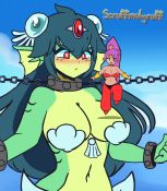 2girls animated artist_name bdsm bikini blush bondage bouncing_breasts bound breasts chain colored_skin cuffs fins forehead_jewel giant giantess giga_mermaid gills green_skin high_ponytail highres jumping long_hair looking_at_another looking_at_viewer mermaid monster_girl multiple_girls navel outdoors pointy_ears ponytail purple_hair red_eyes restrained scruffmuhgruff shackles shantae shantae_(series) shell shell_bikini size_difference strapless video