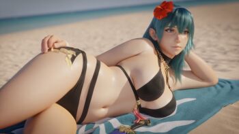 1girl 3d bikini black_bikini blender_(medium) blue_hair female_byleth_(fire_emblem) female_byleth_(summer)_(fire_emblem) chain chain_necklace fire_emblem fire_emblem:_three_houses halterneck highres j9006 jewelry long_hair necklace nintendo solo swimsuit