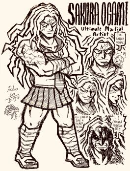 2girls absurdres angry asahina_aoi bandages character_name clenched_teeth closed_eyes closed_mouth collared_shirt crossed_arms danganronpa:_trigger_happy_havoc danganronpa_(series) dated doodle_inset english_text eyelashes full_body greyscale hatching_(texture) highres josh-s26 long_hair monochrome multiple_girls multiple_views muscular muscular_female necktie ogami_sakura open_mouth ponytail scar scar_on_arm scar_on_face school_uniform serafuku shirt shoes signature simple_background skirt smile speech_bubble teeth v-shaped_eyebrows white_background