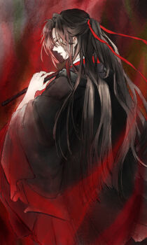 Rule 34 | 1boy, aki uzuzame, aura, bishounen, black hair, black hanfu, chenqing flute, chinese clothes, coat, colored smoke, commentary request, dizi, flute, from behind, grey coat, hair ribbon, half updo, hanfu, highres, holding, holding flute, holding instrument, instrument, long hair, long sleeves, looking down, looking to the side, male focus, modao zushi, official alternate costume, official alternate hairstyle, parted lips, profile, red eyes, red ribbon, ribbon, robe, sidelocks, smoke, solo, transverse flute, very long hair, wei wuxian, wei wuxian (yiling laozu), wide sleeves