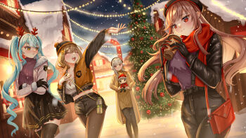 5girls anis_(nikke) antlers beret black_gloves black_hat black_jacket black_pants black_shorts black_skirt black_thighhighs blonde_hair blue_hair brown_jacket christmas_tree commentary_request cup disposable_cup elevenmanga fake_antlers gloves goddess_of_victory:_nikke grey_hair hat highres holding holding_cup horns jacket long_hair looking_at_viewer modernia_(nikke) multiple_girls outdoors pants privaty_(nikke) rapi_(nikke) red_scarf reindeer_antlers scarf shorts sidelocks skirt thighhighs twintails very_long_hair yellow_eyes zettai_ryouiki