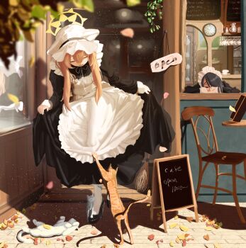 2girls alternate_costume animal_ear_hairband animal_ears apron autumn autumn_leaves black_dress black_hair black_shoes blue_archive blurry broom cafe cat chair clock closed_eyes commentary day depth_of_field dress english_text enmaided facing_viewer fake_animal_ears frilled_apron frills full_body furrowed_brow grey_cat hair_between_eyes hair_over_one_eye hairband halo hat high_heels highres hinata_(blue_archive) leaf leaning_forward long_dress long_hair long_sleeves lying maid maid_apron maid_headdress mari_(blue_archive) migeru690 mob_cap multiple_girls neck_ribbon on_back open_mouth orange_cat orange_hair outdoors pantyhose ribbon shoes sidelocks skirt_hold solo_focus standing table white_apron white_cat white_hat white_pantyhose white_ribbon window yellow_halo
