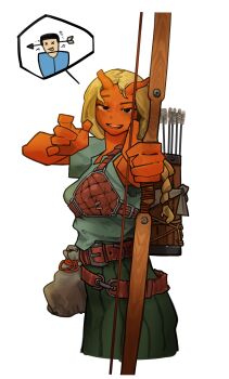 1girl absurdres arrow_(projectile) belt belt_pouch black_hair blonde_hair bow_(weapon) braid breasts cmyk-kim colored_skin commentary english_commentary highres holding holding_bow_(weapon) holding_weapon horns impid_(rimworld) korean_commentary mixed-language_commentary muneate open_mouth orange_skin pawn_(rimworld) pouch quiver rimworld simple_background smile speech_bubble tongue tongue_out weapon white_background x_eye