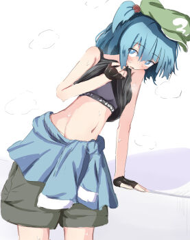 1girl blue_eyes blue_hair fingerless_gloves gloves highres isgod kawashiro_nitori sports_bra tagme touhou