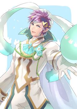 1boy animal_ears blue_background blue_eyes easter easter_egg egg facing_viewer fire_emblem fire_emblem_heroes gradient_hair highres hrid_(fire_emblem) looking_to_the_side multicolored_hair nintendo purple_hair rabbit_ears riou_(pooh920)