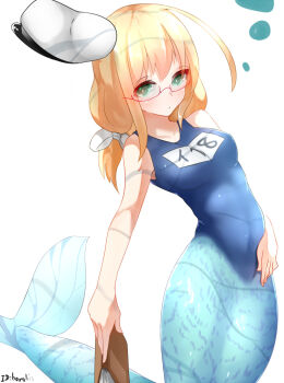 1girl bad_id blonde_hair blue_one-piece_swimsuit book boruhis breasts commentary_request glasses green_eyes hair_between_eyes hat highres holding holding_book i-8_(kancolle) impossible_clothes kantai_collection low_twintails medium_breasts mermaid monster_girl name_tag one-hour_drawing_challenge one-piece_swimsuit red-framed_eyewear school_swimsuit semi-rimless_eyewear simple_background solo swimsuit twintails unworn_headwear white_background white_hat