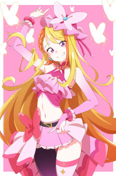 1girl absurdres arm_up belt black_belt blonde_hair bow braid braided_bangs bridal_gauntlets brooch bug butterfly butterfly_hat_ornament commentary cowboy_shot cropped_shirt cure_butterfly earrings eitopondo elbow_gloves frilled_shirt frills gloves glowing_butterfly grin hat hat_ornament highres hijiri_ageha hirogaru_sky!_precure insect jewelry long_hair looking_at_viewer magical_girl microskirt midriff mob_cap multicolored_hair navel orange_hair pantyhose pink_background pink_gloves pink_hat pink_shirt pink_skirt pink_theme pleated_skirt precure purple_eyes purple_pantyhose red_bow shirt showgirl_skirt single_leg_pantyhose skirt skirt_bow sleeveless sleeveless_shirt smile solo standing thigh_strap tilted_headwear two-tone_hair very_long_hair wing_brooch